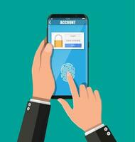 Hands with smartphone unlocked by fingerprint sensor. Mobile phone security, personal access via finger, login form into account managment, authorization, network protection. Vector illustration flat