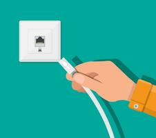 RJ45 LAN cable in hand and network socket. Internet. Vector illustration in flat style