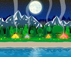 Meadow with grass and camping in night. Tent, bonfire, flowers, mountains, trees, sky, moon and stars. Lake and rocks, river. Nature landscape. Vector illustration in flat style
