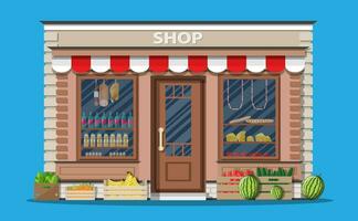 Daily products shop. Local fruit and vegetables store building. Groceries crates in front of storefront. Vector illustration in flat style