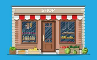 Daily products shop. Local fruit and vegetables store building. Groceries crates in front of storefront. Vector illustration in flat style