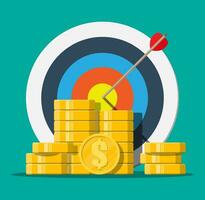 Target with arrow and pile of gold coins. Goal setting. Smart goal. Business target concept. Achievement and success. Vector illustration in flat style