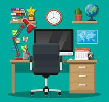 Modern creative office or home workspace. Workplace with computer, desk, chair, lamp, clock, books, coffee, calendar stationery. Desk with business elements. Vector illustration in flat style