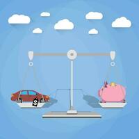 Budget consumption concept with car with price tag and piggy bank on scales. Vector illustration on blue background with clouds in flat design.