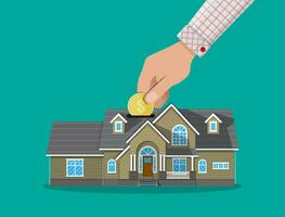 Hand put coin in piggy bank house. Vector illustration in flat style