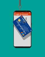 Bank card and fishing hook in smartphone. Internet phishing, hacked login and password. Computer netwrok and internet security concept. Anti virus, spyware, malware. Vector illustration in flat style