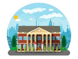 Classical school building and cityscape. Brick facade with clocks. Public educational institution. College or university organization. Tree, clouds, sun. Vector illustration in flat style