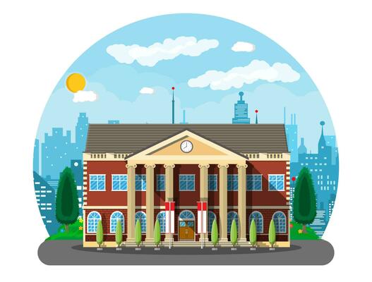 Classical school building and cityscape. Brick facade with clocks. Public educational institution. College or university organization. Tree, clouds, sun. Vector illustration in flat style