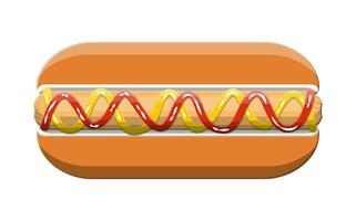 Hotdog isolated on white. Sausage with bun, mustard and ketchup. Fast food concept. Vector illustration in flat style