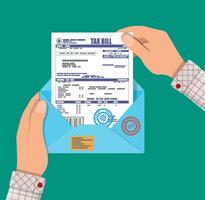 Hands holds envelope with tax declaration paper document. Tax day. Vector illustration in flat style