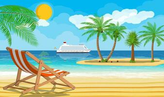 Landscape of wooden chaise lounge, palm tree on beach. Island with tropical trees. Cruise liner ship. Sun with reflection in water and clouds. Day in tropical place. Vector illustration in flat style