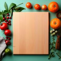 AI generated Wooden cutting board, place for cutting vegetables and fruits in the kitchen, preparing food - AI generated image photo