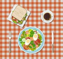 ensalada, café y emparedado. platos, tenedor y cuchillo. desayuno concepto. vector ilustración en plano estilo