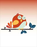 The red bird sleeps, perched on a branch. isolated on white background. Colored flat vector illustration