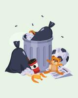 Garbage and rubbish bags are strewn around the rubbish dump. Metal trash container with unsorted trash. the trash is full of insects. vector