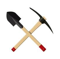 Crossed shovel and pickaxe. Miners hand tool for extracting minerals. Symbol of manual workers. Vector illustration in flat style