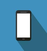 Black touch phone at blue backgound with long shadow. Vector illustration in flat design. Concept for web design, promotion templates, infographics. vector illustration