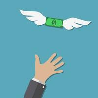 Dollar with wings flying away from buisness man hand at blue backgound in flat design. Idea for web design, promotion banners, infographic templates. Vector Illustration