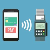 pos terminal confirma el pago por teléfono inteligente vector ilustración en plano diseño en azul antecedentes. nfc pagos concepto