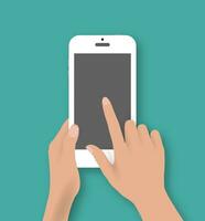 Hand touching screen of white phone at green backgound with shadows. Vector illustration in flat design. Concept for web design, promotion templates, infographics. vector illustration