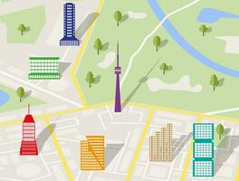 Abstract generic city map with roads, buildings with shadows, parks, river, trees. Vector illustration in flat design