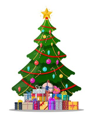 Christmas tree decorated with colorful balls, garland lights, golden star. Lots of gift boxes. Spruce, evergreen tree. Greeting card, festive poster. New year. Vector illustration in flat style