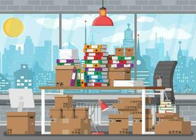 Pile of paper documents and file folders on office table. Carton boxes. Bureaucracy, paperwork, office. Chair, desk, lamp. Cityscape. Vector illustration in flat style