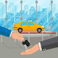 hand gives car keys to another hand. buy, rental or lease a car. Exhibition Pavilion, showroom or dealership with yellow car, vector illustration in flat style.