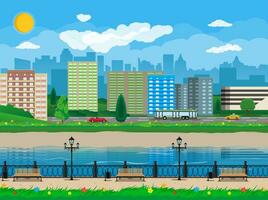 City view. Cityscape. Bench, lamp. Residental buildings. Road, truck, cars. Public transportation system. Waterfront, river embankment Clouds sky and sun Vector illustration in flat style