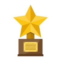 Trophy winner gold cup with wooden base. Star shape. Vector illustration in flat style
