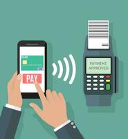 Pos terminal confirms the payment by smartphone. Vector illustration in flat design on green background. nfc payments concept