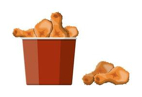 Fried chicken in red bucket. Chicken drumsticks in deep fryer. Fast food concept. Vector illustration in flat style