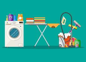 Cleaning and laundry set. mop, sponge, bucket, cleaning products in bottle for floor and glass, rubber gloves, vacuum cleaner, washing machine, iron, ironing board. vector illustration in flat design