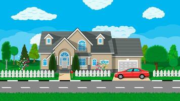 Private suburban house with car, trees, road, sky and clouds. Vector illustration in flat style