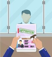 officer at passport control point putting a stamp in the passport with a mark approved. travel document. vector illustration in flat design