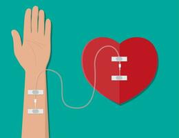 Hand of donor with heart. Blood donation day concept. Human donates blood. Vector illustration in flat style.