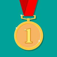 golden medal in flat style with shadow. winners award. first place, Achievement. vector illustration on green background