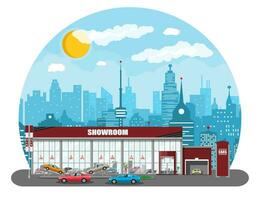 Exhibition pavilion, showroom or dealership. Car showroom building. Car center or store. Auto service and shop. Cityscape, road, house, sky, cloud and sky. Vector illustration in flat style