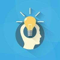 Silhouette of a human head with burning light bulb with shadows, idea concept. vector illustration in flat design on blue background