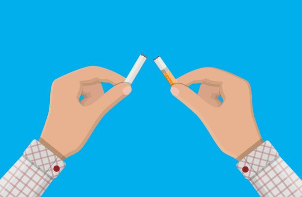 Tobacco abuse concept. Hand breaks cigarettes. No smoking. Rejection, proposal smoke. Vector illustration in flat style.