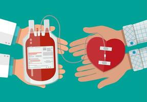 Blood bag and hand of donor with heart. Blood donation day concept. Human donates blood. Vector illustration in flat style.