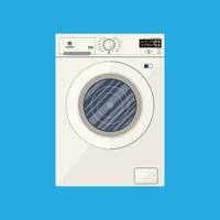 Modern white washing machine in flat style. Front view. vector illustration on blue background