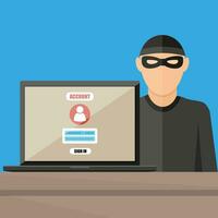 Thief hacker in mask stealing passwords from laptop. anti phishing and internet viruses concept. vector illustration in flat style on blue background