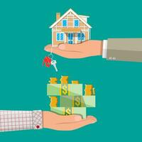 Hands with money and coins stacks and house with keys. Real estate. Vector illustration in flat style