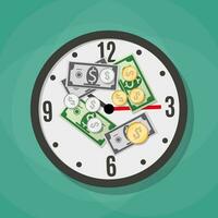 Coins and dollars laying on the white office clocks. time is money concept. vector illustration in flat design on green background