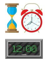 Clocks set. hourglass, analog and digital clock. vector illustration in flat style