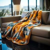 AI generated Blankets on mattresses, chairs and tables are in the interior concept house for hotels, resorts and luxury elegant housing, for rest, relaxing, sleeping photo