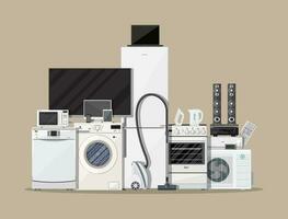 Household Appliances and Electronic Devices on brown background. vector illustration in flat style