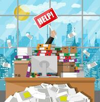 Stressed businessman in pile of office papers and documents with help sign. Stress at work. Overworked. File folders. Carton boxes. Bureaucracy, paperwork. Cityscape. Vector illustration in flat style