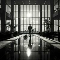 AI generated Workers cleaning office spaces, companies, greenhouses in urban areas, with sunset light objects silhouette objects, dark black photo